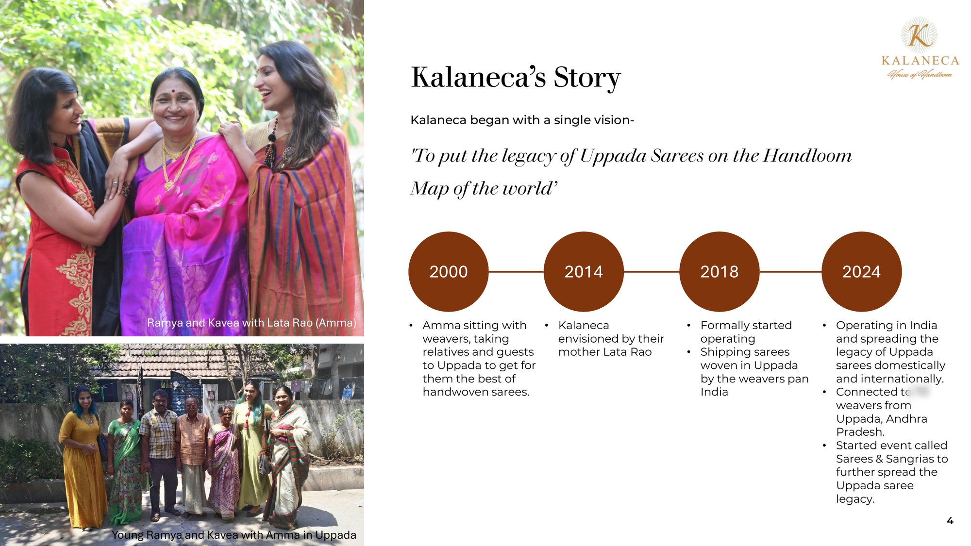 Example of a pitch deck story slide: Kalaneca's origin with Lata Rao and the Uppada weavers