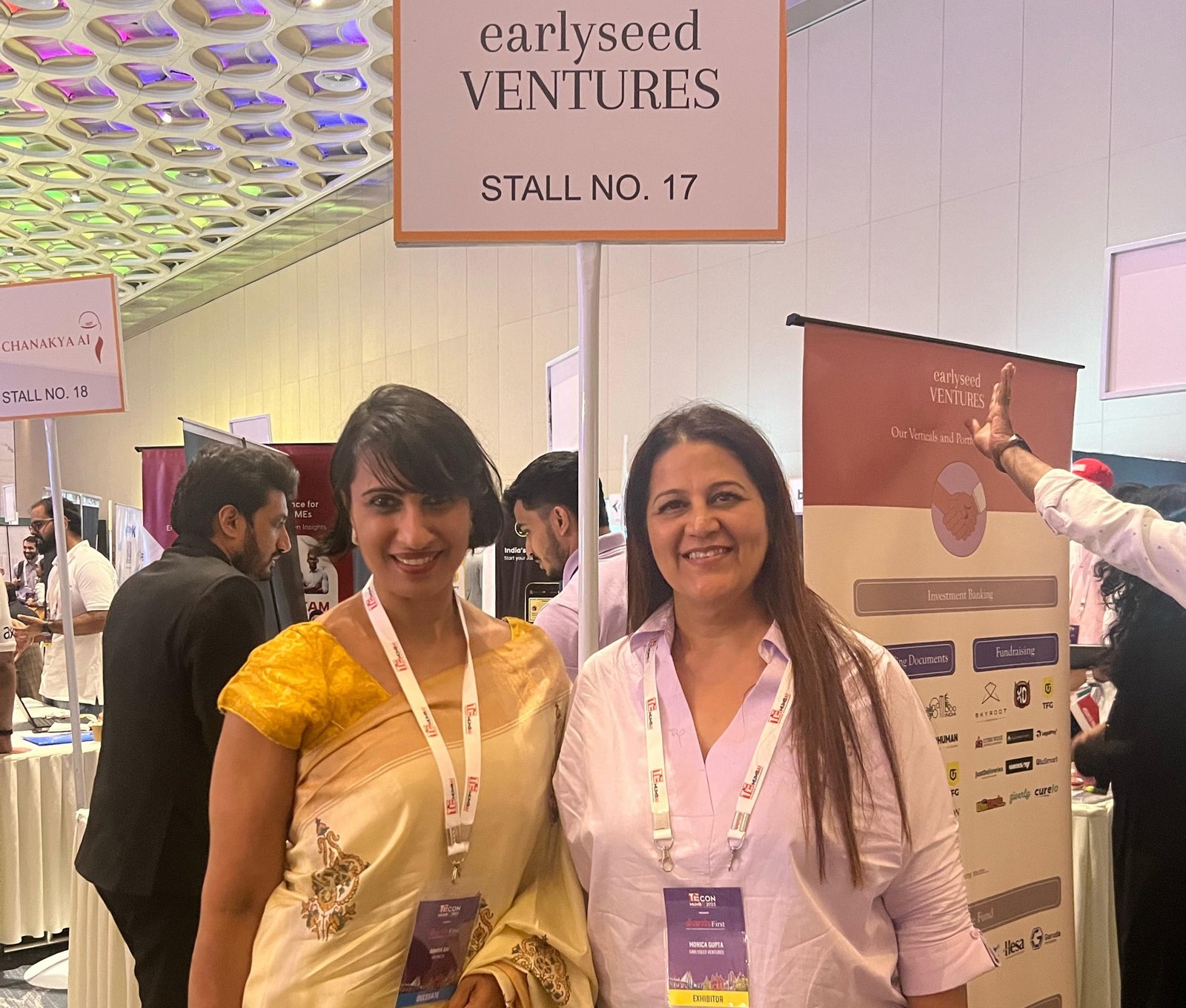 Monica Gupta with Ramya, co-founder of Kalaneca, at the Earlyseed Ventures stall at TiEcon Mumbai