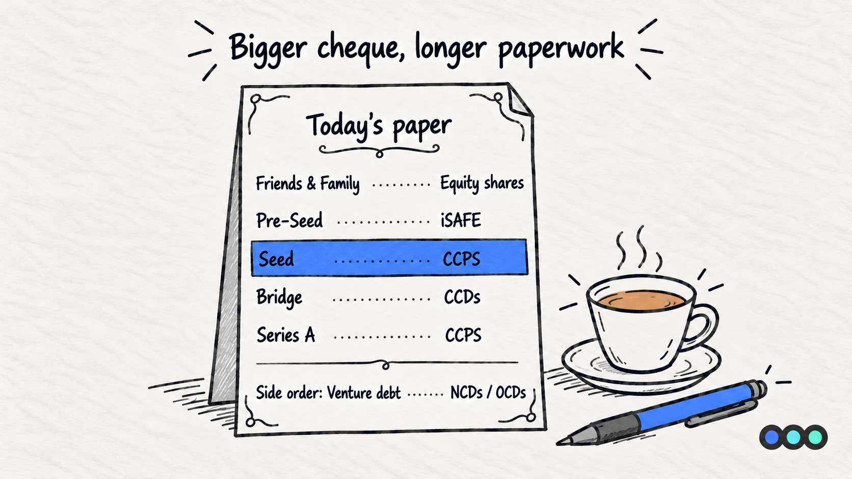 A hand-drawn cafe menu card headed Today's paper, listing each funding stage against the instrument usually offered, with dotted leader lines between them and venture debt as a side order at the foot.