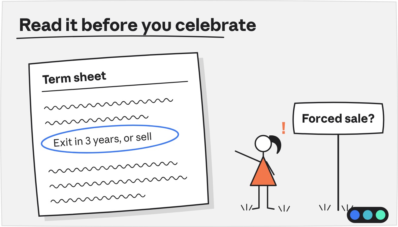 Sketch of a founder pointing at a term sheet with the line exit in 3 years, or sell circled, next to a sign reading forced sale?